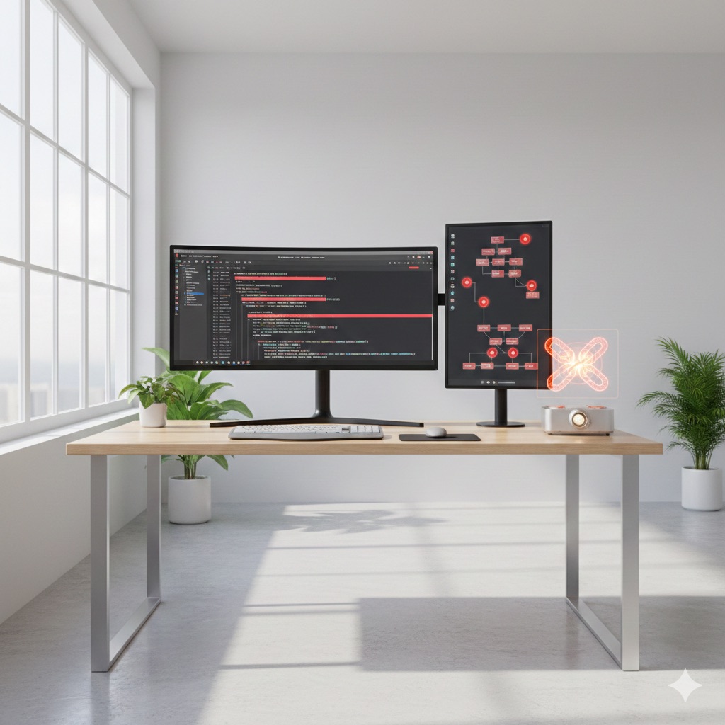 Software development workspace with code editor showing malicious code and dependency tree with compromised packages