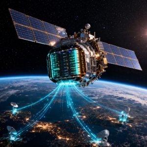 Satellite data center module in orbit with Earth curvature below