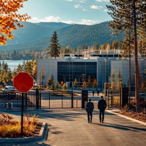 Data center facility with stop sign against forest backdrop