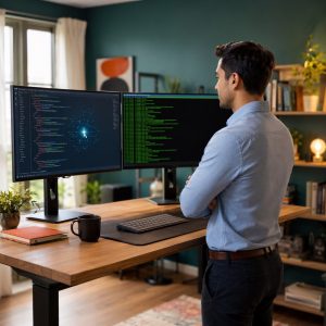 Software developer at standing desk watching AI coding assistant on dual monitors