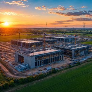 Aerial view of large-scale AI data center and power infrastructure under construction in Louisiana